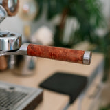 Stainless Steel 58mm E61 Bottomless Portafilter with Burma Padauk Wood Handle Weighted