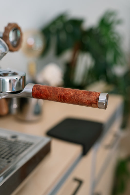 Stainless Steel 58mm Portafilter with Burmese Padauk Wood Weighted
