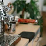 Stainless Steel 58mm E61 Bottomless Portafilter with Burma Padauk Wood Handle Weighted