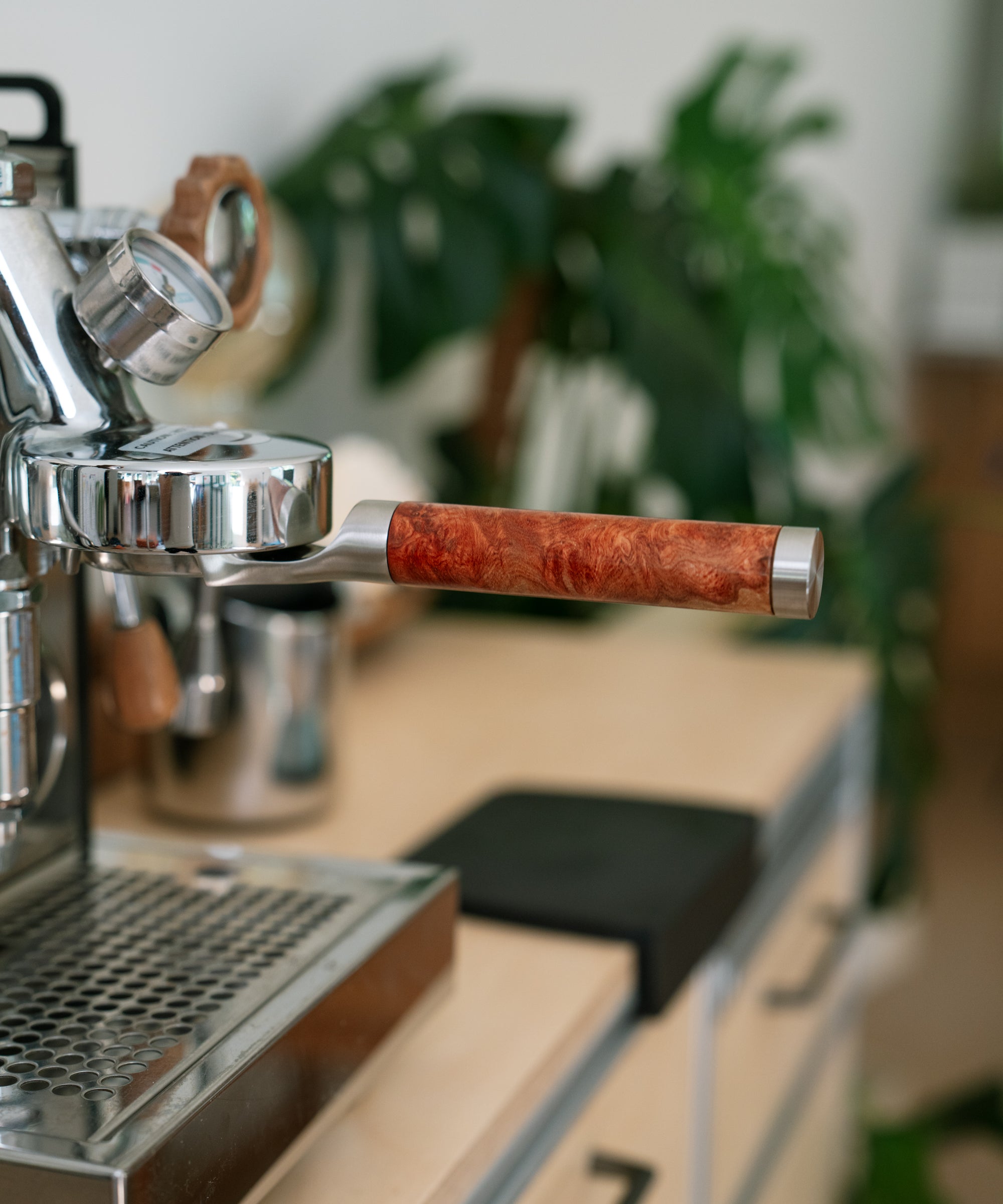Stainless Steel 58mm Bottomless Portafilter with Burma Padauk Wood Handle Weighted