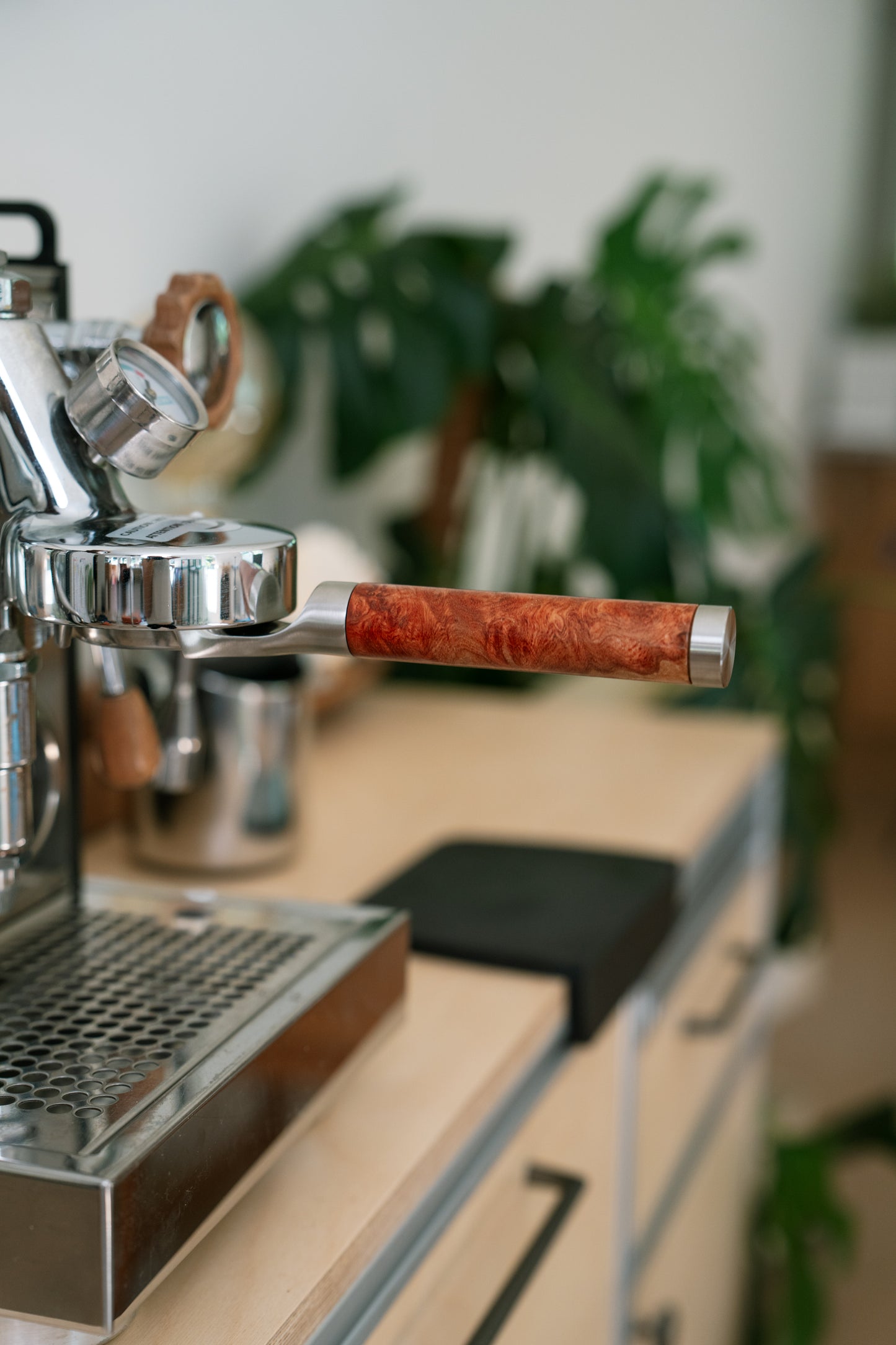 Stainless Steel 58mm Portafilter with Burmese Padauk Wood Weighted