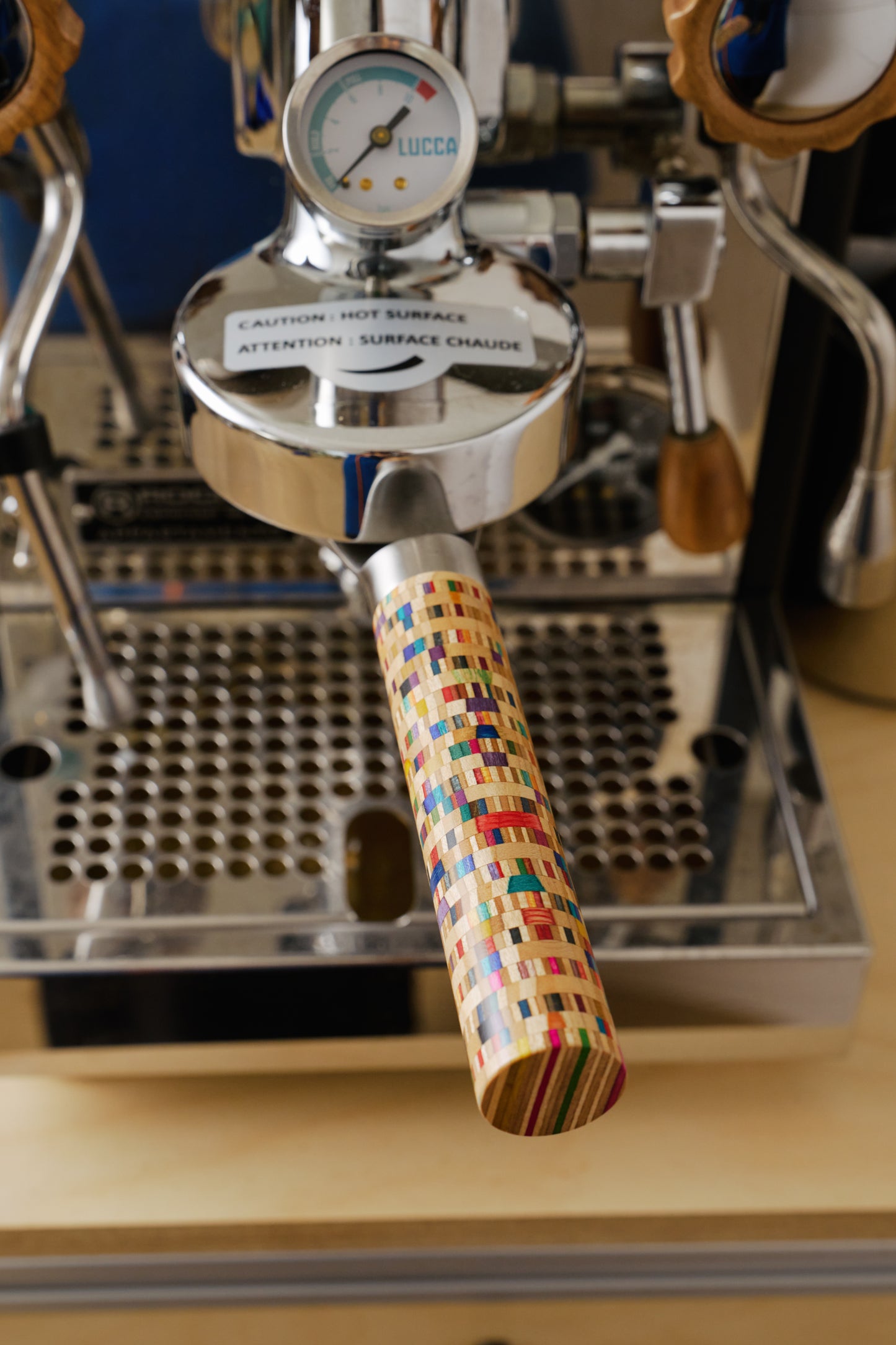 DAMO BRWE 58mm Stainless Steel Bottomless Portafilter with Mosaic Wood Handle